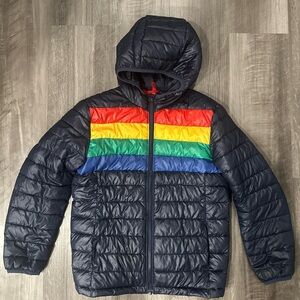 Primary navy blue and rainbow light weight puffer Jacket